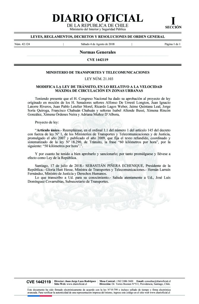 Publicación en el Diario Oficial de la modificación a 50 km/h